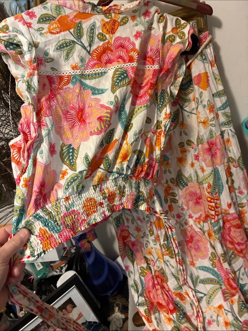 Floral Ruffle Sleeveless Cotton top and a skirt- White with Pink & Orange Flower - Picture 4 of 12